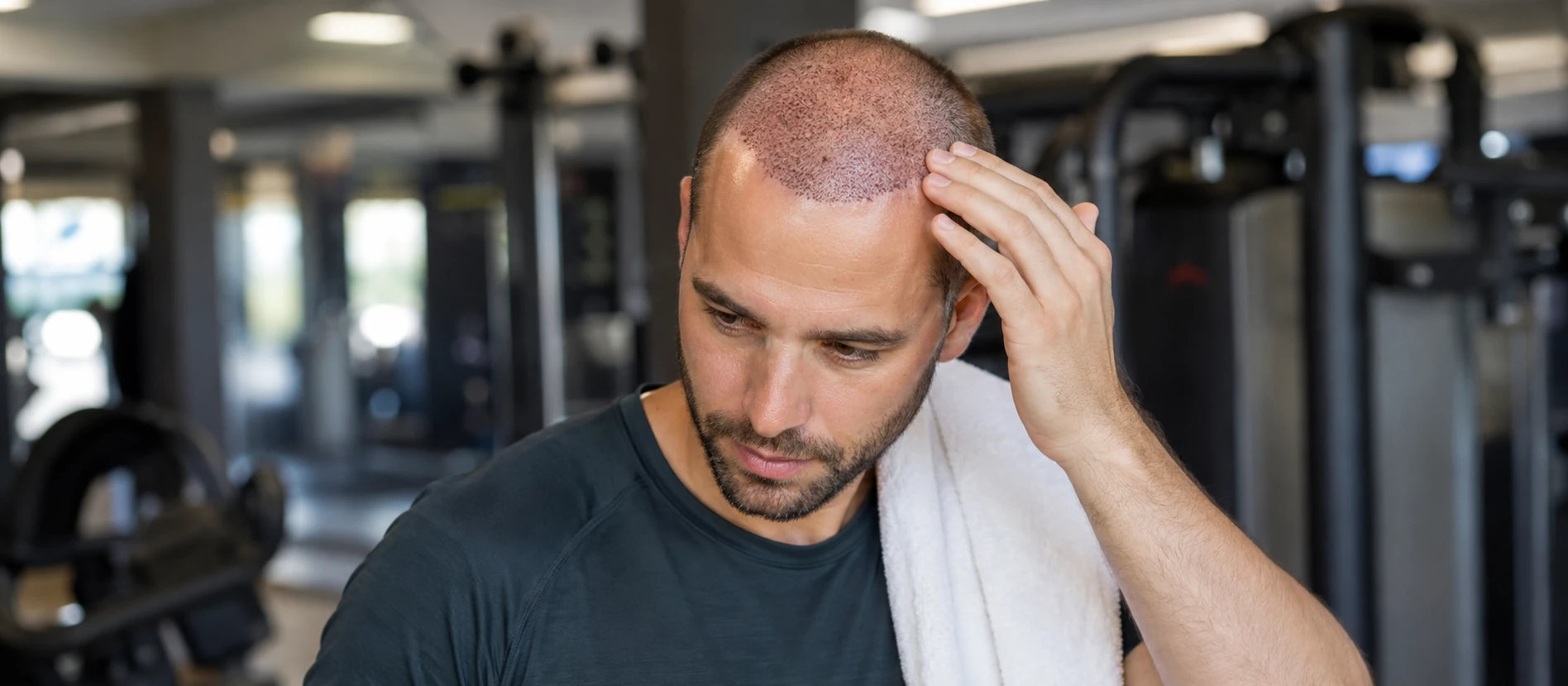 Man at gym touching scalp after hair transplant recovery